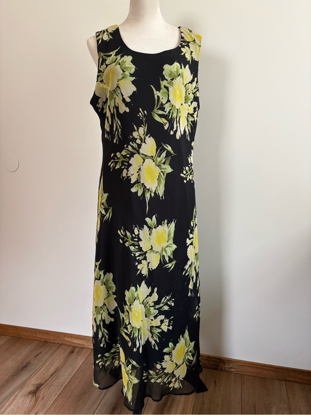 Studio I Vintage Sleeveless Shift Maxi Dress Yellow Floral Watercolor Size 18